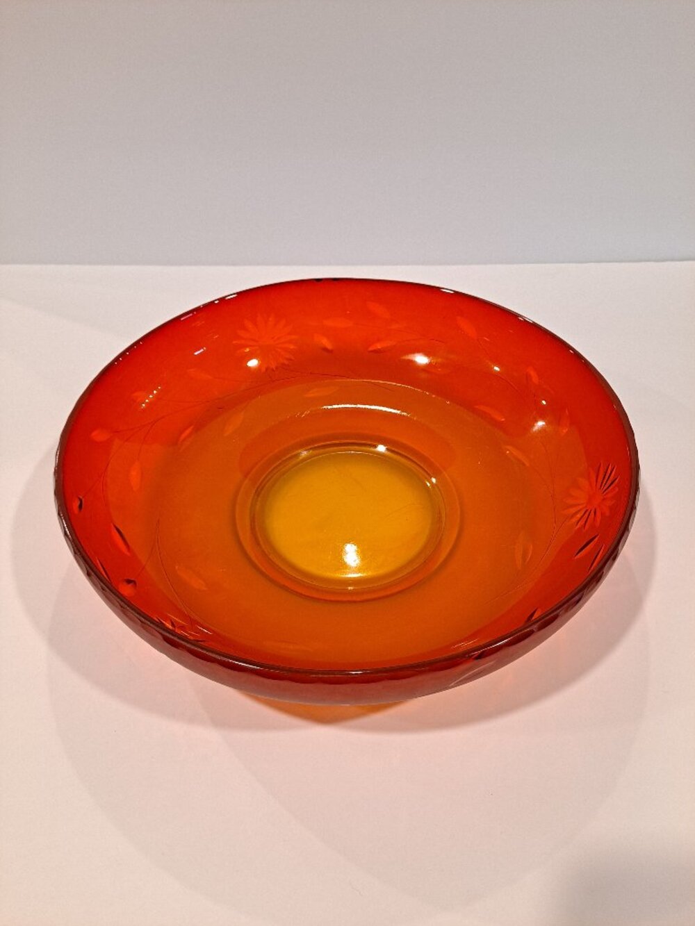 vintage mcm 11" amberina bowl with matte finish and etching base glows